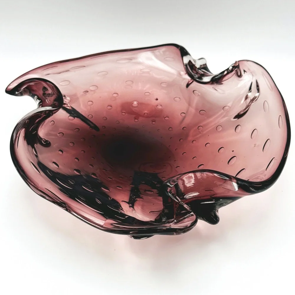 Vintage Amethyst Bullicante Art Glass Bowl Murano Style Controlled Bubble Dish
